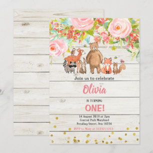 Invitation Rose Sweet Rustic Woodland Animal 1er anniversaire
