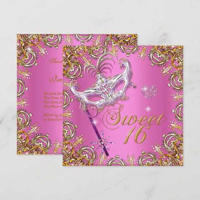 Invitation Rose Sweet Seize Ans Sweet 16 Masquerade Or (Devant / Derrière)