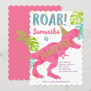 Invitation Rose, T-rex, Dinosaure, Fille, 3e anniversaire