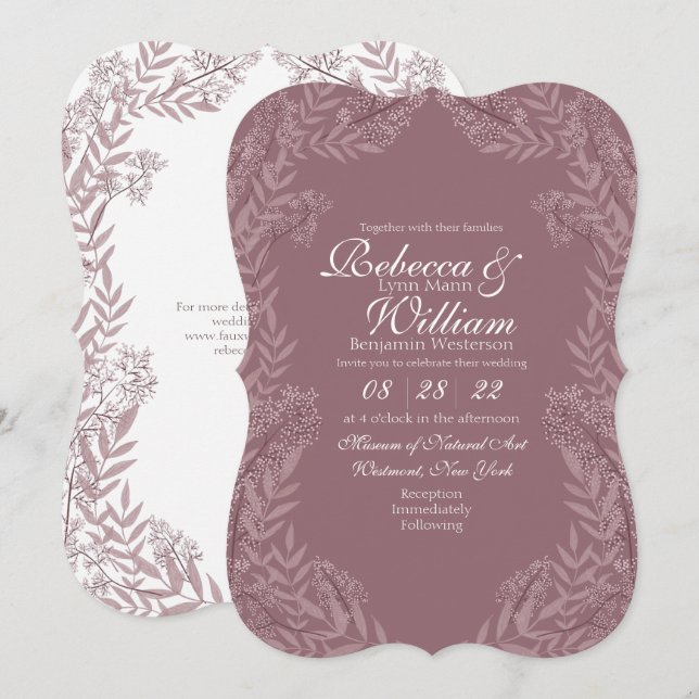 Invitation Rose Taupe Mariage Vintage Botanique (Devant / Derrière)