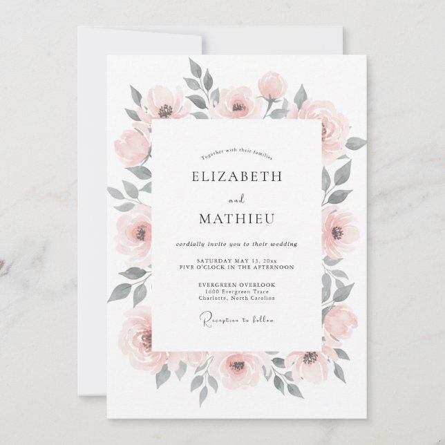 Invitation Rose Tendre Fleurs Lumineuses de Mariage (Devant)