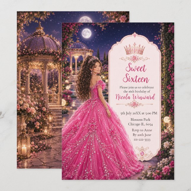 Invitation Rose tendre sous la lune pour une princesse de 16  (Devant / Derrière)