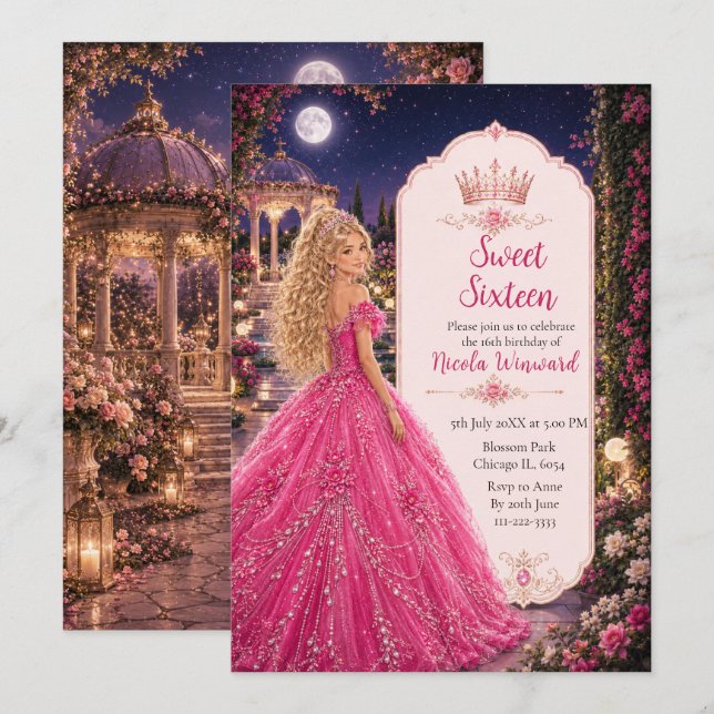 Invitation Rose tendre sous la lune pour une princesse de 16  (Devant / Derrière)