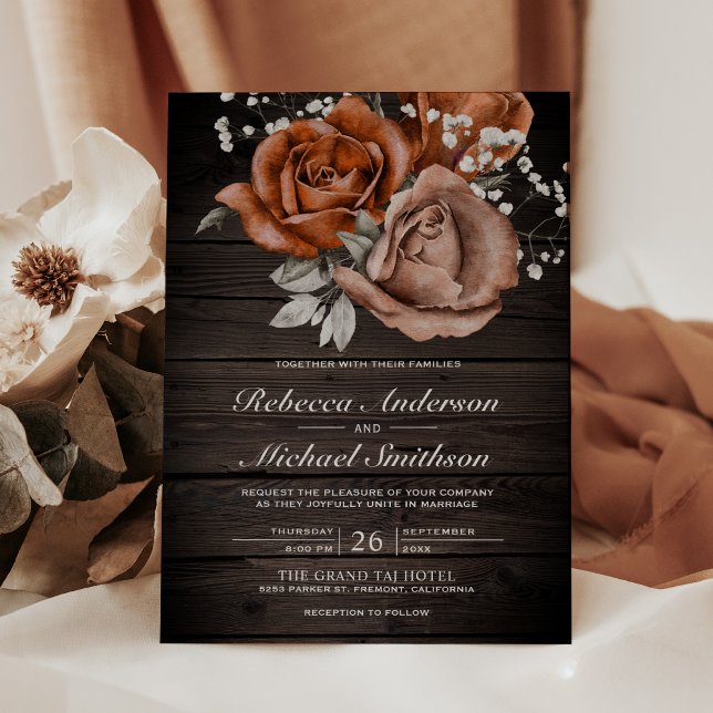 Invitation Rose Terracotta Brûlée Bois Rustique Mariage (Créateur téléchargé)