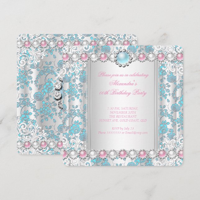 Invitation Rose Thé Damassé Blanc Rose Perle Fête d'anniversa (Devant / Derrière)
