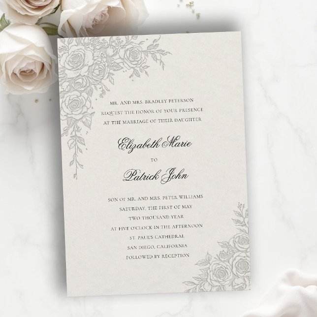 Invitation Rose Theme Graceful Ecru Formal Classic Wedding (formal traditional wedding invitation roses theme floral frame modern classic luxury pure ecru)