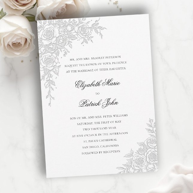 Invitation Rose Theme Graceful White Formal Classic Wedding (formal traditional wedding invitation roses theme floral frame modern classic luxury pure white)