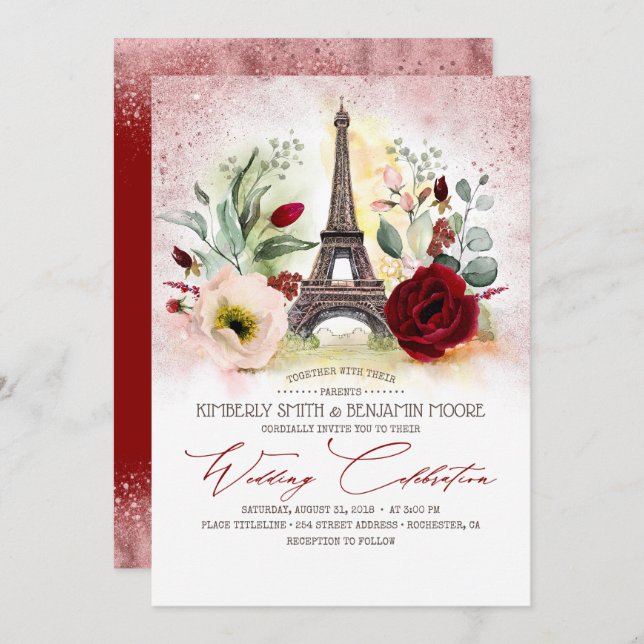 Invitation Rose Tour Eiffel Paris Gold et Mariage Bourgogne (Devant / Derrière)