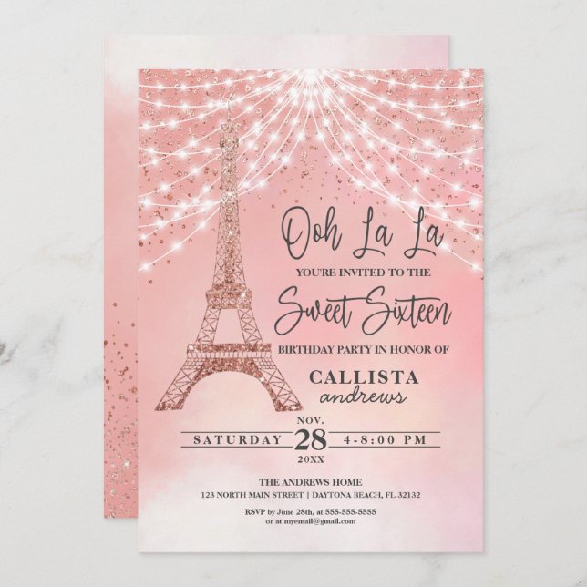 Invitation Rose Tour Eiffel Parties scintillant Éclairage dou (Devant / Derrière)