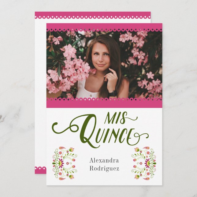 Invitation Rose traditionnel mexicain Floral Photo Quinceaner (Devant / Derrière)