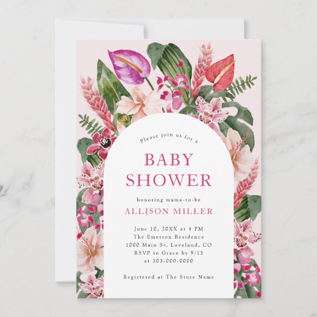 Invitation Rose Tropicale pour Baby Shower (Devant)