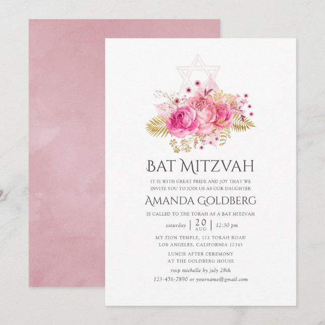 Invitation Rose tropicale rose et or aquarelle Bat Mitzvah (Devant / Derrière)