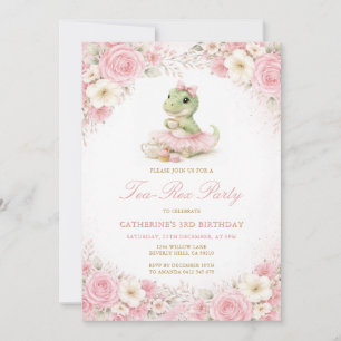 Invitation Rose Tulle Dinosaure Tea-Rex Fête Fille Anniversai