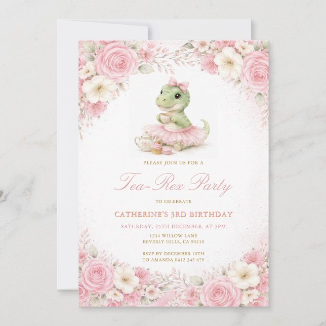 Invitation Rose Tulle Dinosaure Tea-Rex Fête Fille Anniversai (Devant)