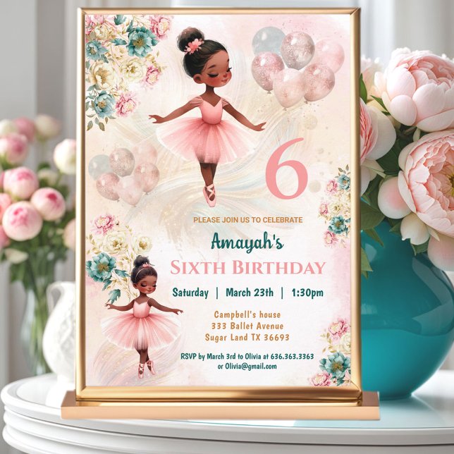 Invitation Rose Turquoise Floral Peau foncée Ballerina Fille  (Pink Teal Floral Dark Skin Ballerina Girl Birthday Invitation)