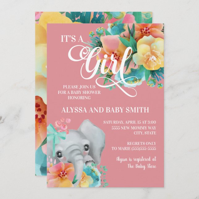 Invitation Rose Turquoise Jaune Floral Eléphant bébé fille Do (Devant / Derrière)