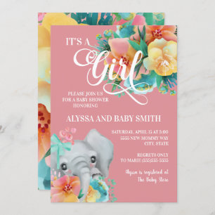 Invitation Rose Turquoise Jaune Floral Eléphant bébé fille Do