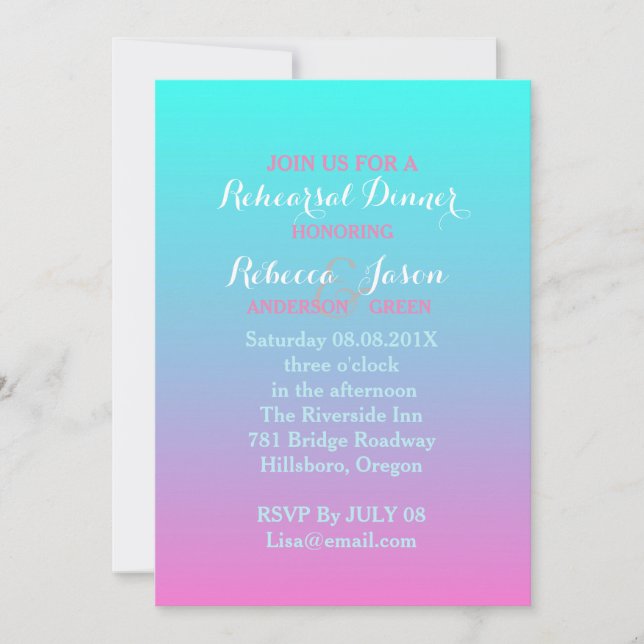 Invitation rose turquoise ombre mariage dîner de répétition (Devant)