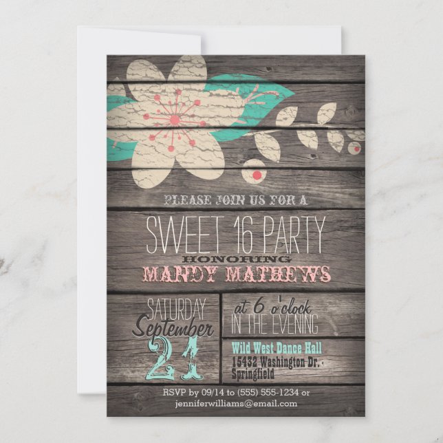 Invitation Rose & Turquoise; Rustic Wood Sweet 16 Party (Devant)