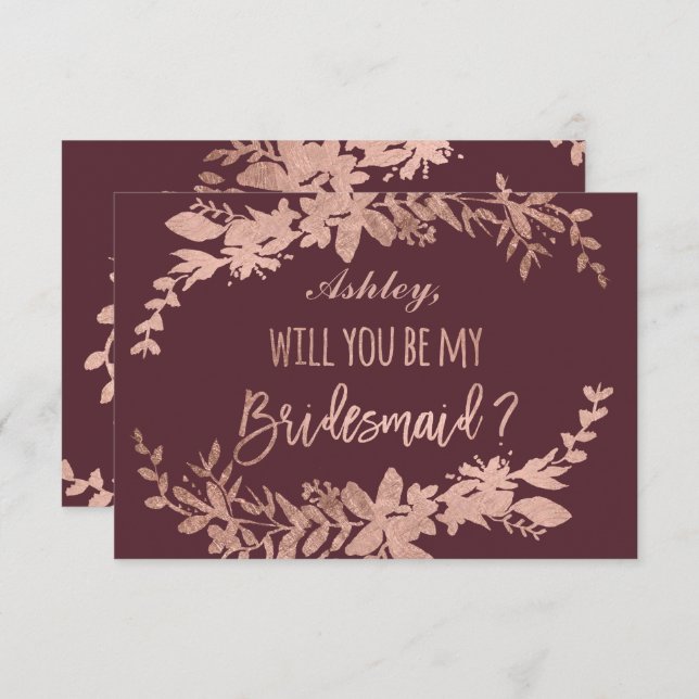Invitation Rose Typographie or Floral burgundy bridesmaid (Devant / Derrière)