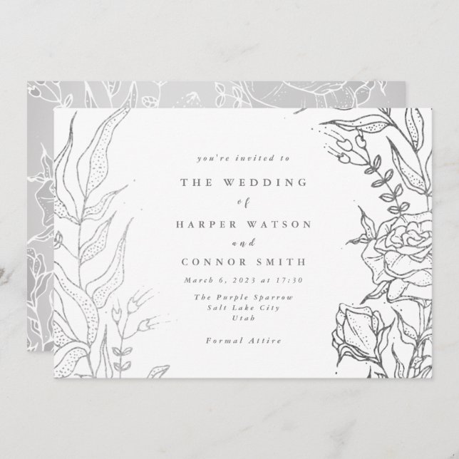 Invitation Rose ultime Gris Argent Élégant Mariage floral (Devant / Derrière)