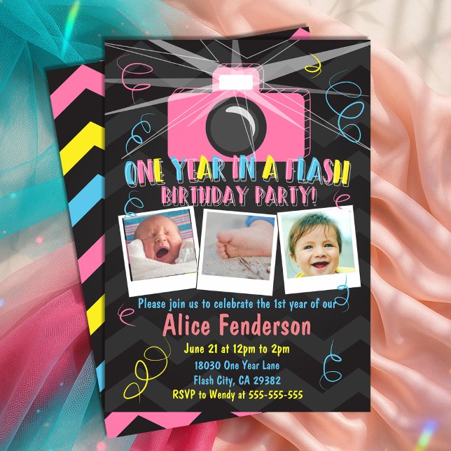Invitation Rose un an dans un flash photo d'anniversaire prem (Pink One Year in a Flash Birthday Photo Invitation
)