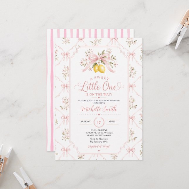 Invitation Rose Un petit SUCRE arrive Bébé Shower (Devant/Arrière en situation)