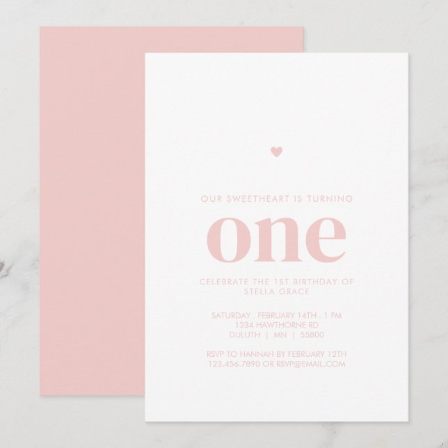 Invitation Rose Une Chérie Premier Anniversaire (Devant / Derrière)