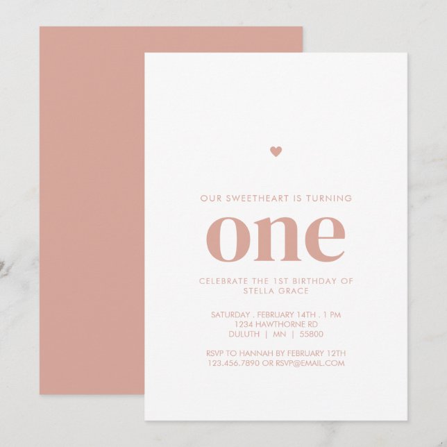 Invitation Rose Une Chérie Premier Anniversaire (Devant / Derrière)