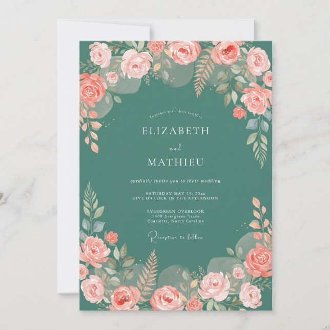 Invitation Rose Verdoyante Sarcelle Mariage (Devant)
