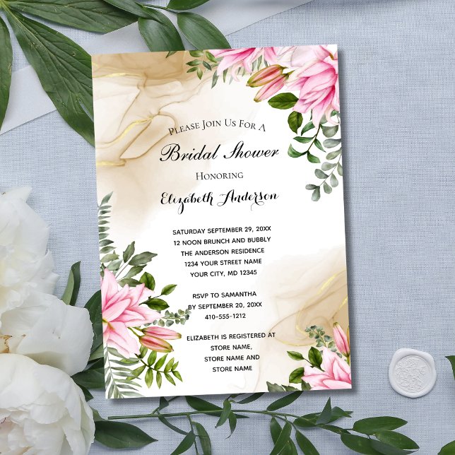 Invitation Rose Vert Doré Floral Élégant Shower de Mariée  (Pink green gold floral botanical Elegant Bridal Shower Invitation)
