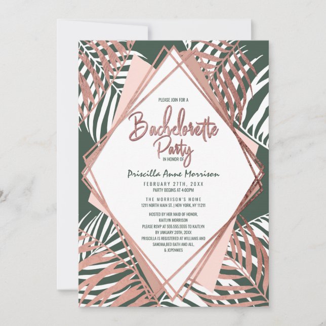 Invitation Rose Vert Gold Tropical Palm Tree Bachelorette (Devant)