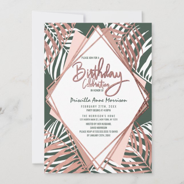 Invitation Rose vert Gold Tropical Palm Tree Feuilles Anniver (Devant)