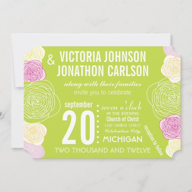 Invitation Rose vert jaune Rose moderne Mariage de typographi (Devant)