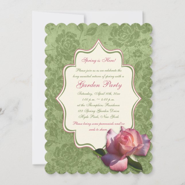 Invitation Rose vert rose ivoire Damask Garden Party Invitati (Devant)
