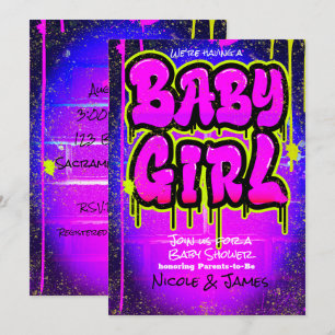 Invitation Rose Vert Violet Peinture qui dégouline Fille Baby