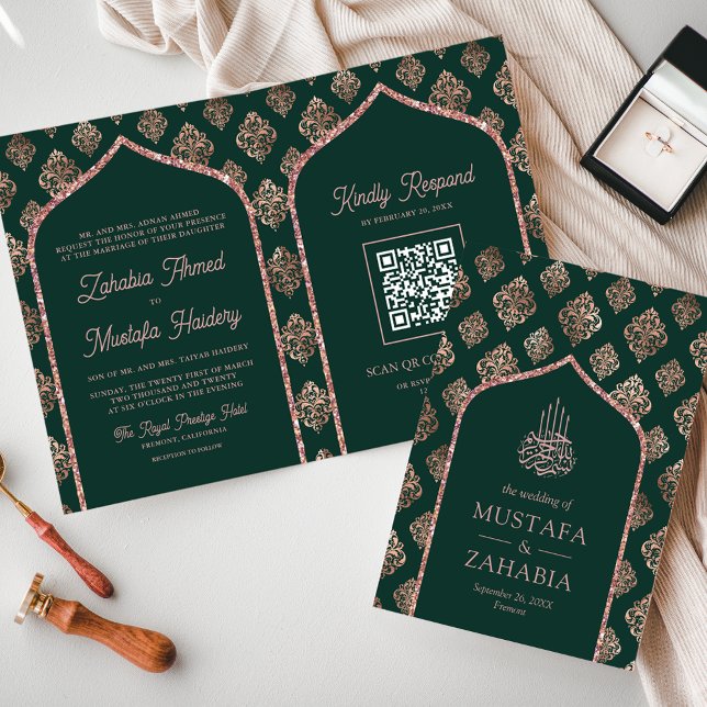 Invitation Rose Verte Or Damassé Code QR Arche Mariage Musulm (Créateur téléchargé)