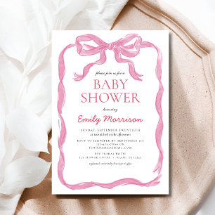 Invitation  rose vif Aquarelle Bow Girl Baby shower