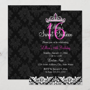 Invitation rose vif et noir damassé & couronne pou