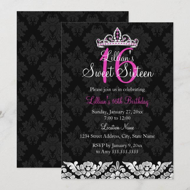 Invitation rose vif et noir damassé & couronne pou (Devant / Derrière)