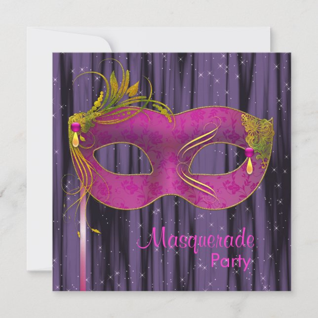 Invitation Rose vif Fuchsia Noir Violet Soirée Mascarade (Devant)