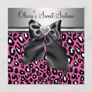 Invitation Rose vif Léopard Anniversaire Sweet Sixteen