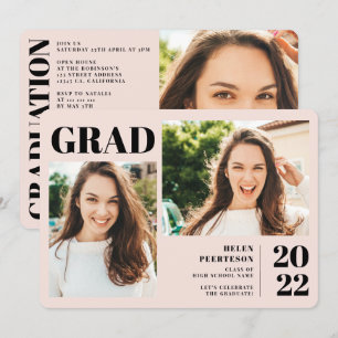 Invitation Rose vif moderne 3 photos graduation