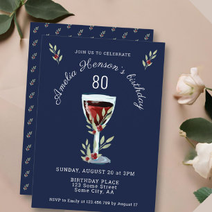 Invitation Rose Vin Rouge Aquarelle Bleu Nuit 80e Anniversair