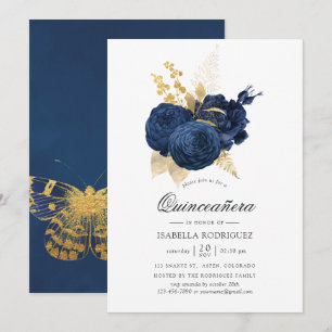 Invitation Rose vintage bleu marine et or pour Quinceañera
