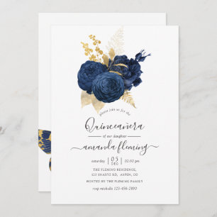 Invitation Rose Vintage bleu marine et or Quinceañera