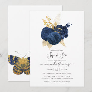 Invitation Rose vintage bleu marine et or Sip and See