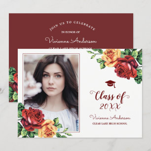 Invitation Rose vintage Bourgogne Red Graduation Photo Grad