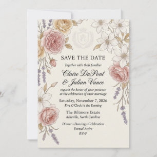 Invitation Rose Vintage, Clématite, Lavande, et Blason Waterc