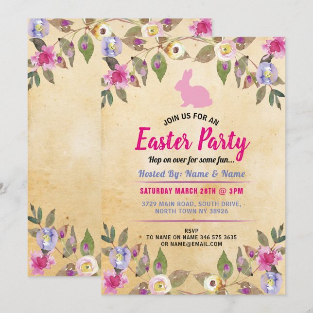 Invitation rose vintage de fleur de partie de (Devant / Derrière)